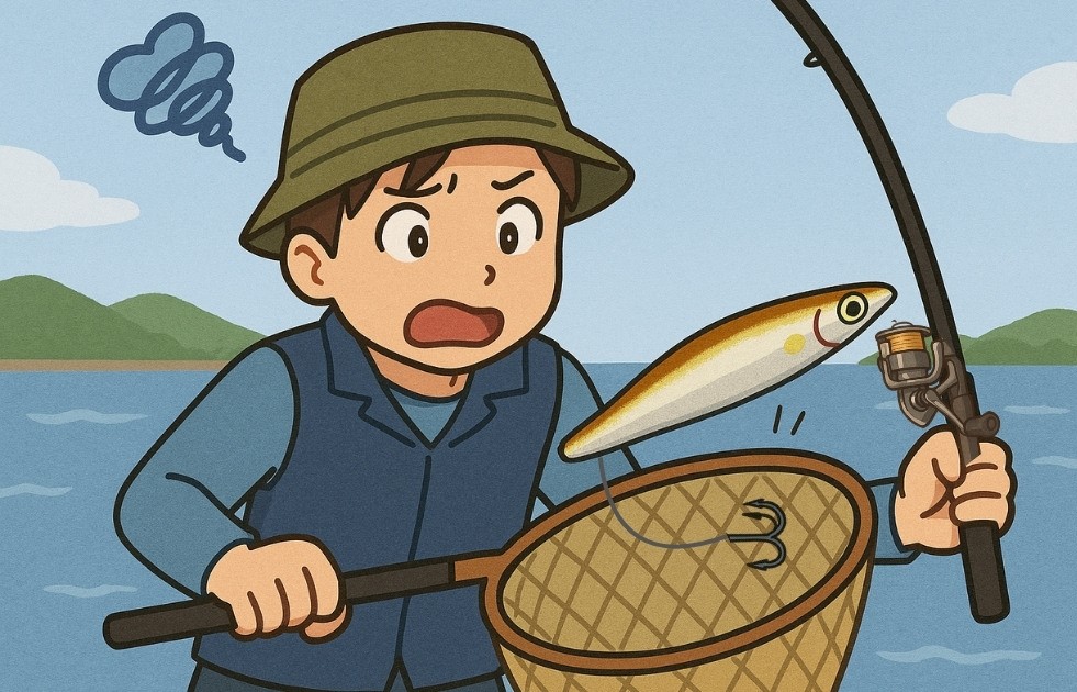 タモにルアーが引っかかって困っている様子